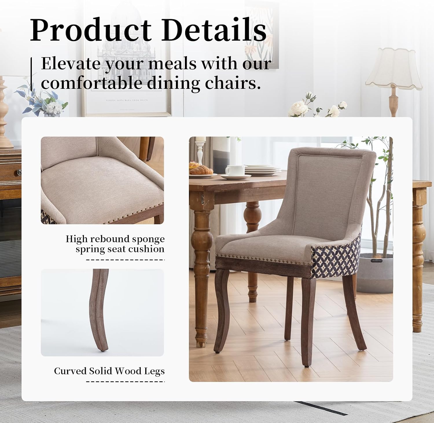 Beige Pattern Upholstered Dining Chairs Set of 4, Farmhouse Kitchen Chairs | Nailhead trim; solid wood legs; breathable fabric; high back; easy assembly; heavy duty dining chairs 400 lb capacity