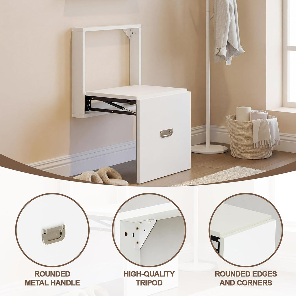 Geelin 1 Pcs Wall Mounted Folding Chair, Modern Entryway Shoe Changing Stool, 330lbs Capacity, Extra-Wide Seat, Invisible Folding Chair for Hallway, Hidden Shoe Bench Fits Most Homes, Tea White