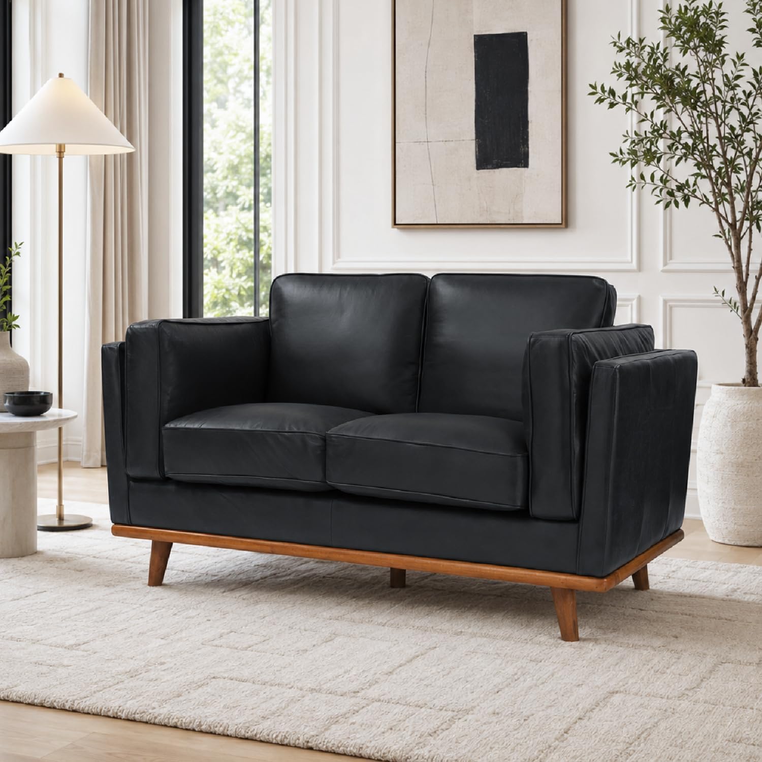 Valencia Artisan Full Leather Loveseat Sofa 66”| Pure Full Italian Nappa Leather Couch, Solid Wood Accent, Ultimate Comfort, Black