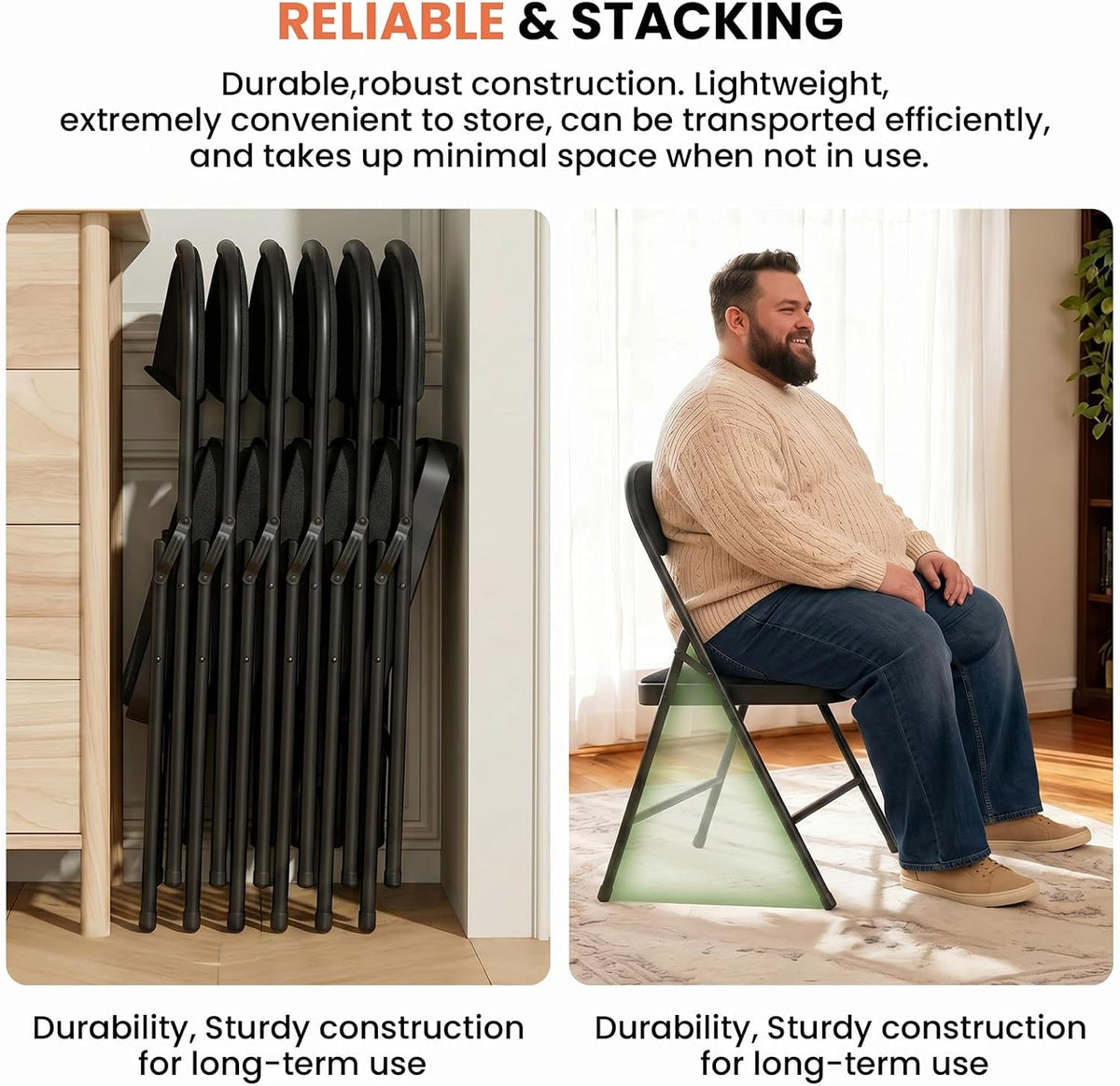 6 Pack Black Folding Chairs with Fabric Padded Cushion and Back | Comfortable Dining Chair Set with Metal Frame Indoor Outdoor Seat for Parties Home Office Events Wedding Extra Guest Seating
