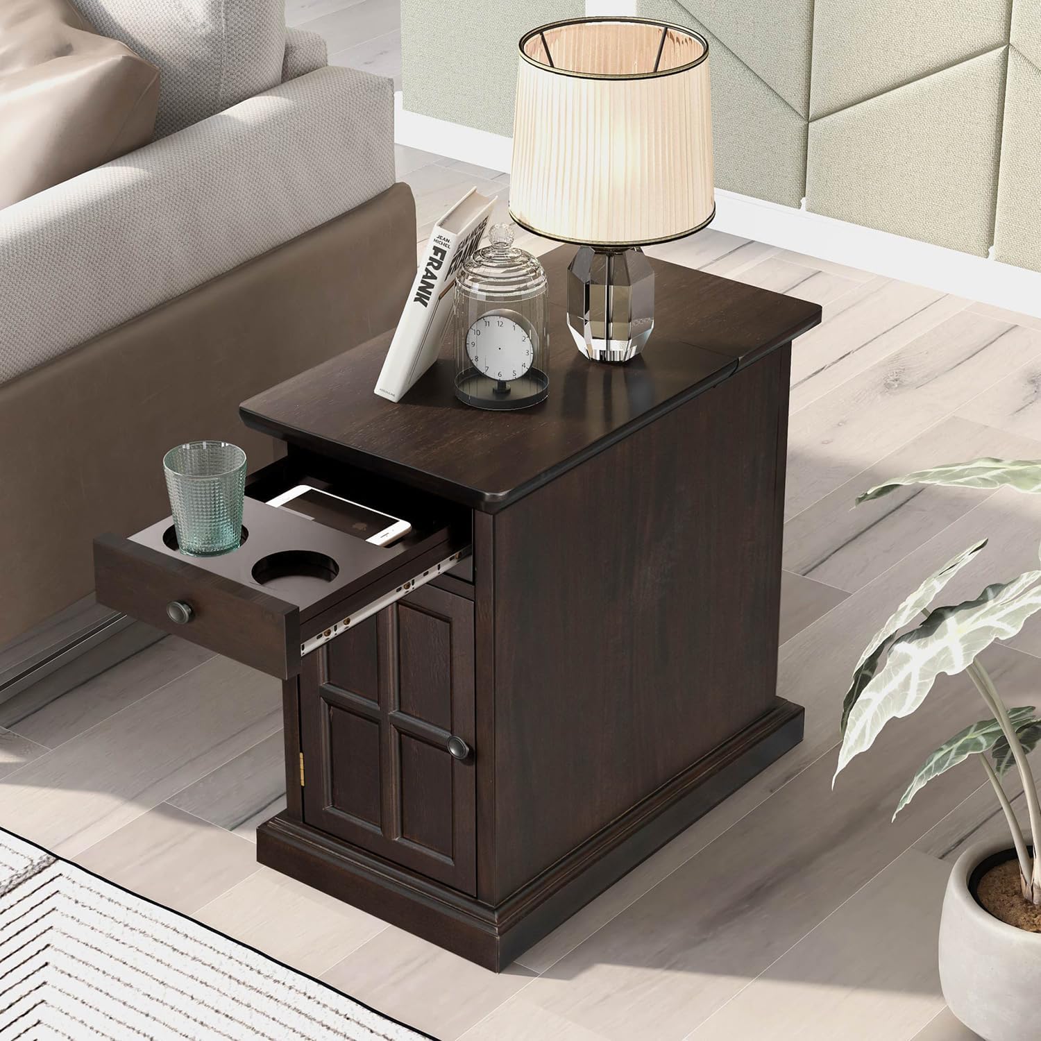 Traditional Narrow End Table with Charging Station, Antique Espresso Wood Side Table with Drawer Storage, No Assembly, for Living Room, Bedroom, or Office
