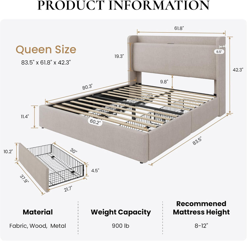 SHA CERLIN Queen Size Storage Bed Frame with 4 Oversized Drawers, Modern Wingback Headboard with Storage Shelf & Charging Station, No Box Spring Needed, Easy Assembly, Beige