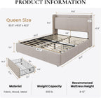 SHA CERLIN Queen Size Storage Bed Frame with 4 Oversized Drawers, Modern Wingback Headboard with Storage Shelf & Charging Station, No Box Spring Needed, Easy Assembly, Beige
