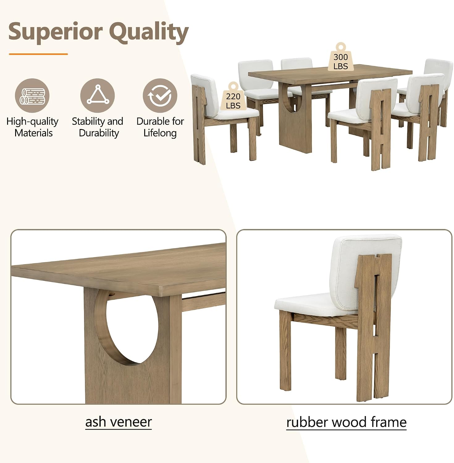 Merax Wood Dining Table Set for 6, Rectangular Tabletop/Upholstered Chairs/Retro Geometric Design, Ideal for Dining-Room and Kitchen, Natural
