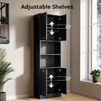 Cozy Castle Kitchen Pantry Cabinet, 75" Tall Wood Storage Cabinet with Doors and Shelves, 4 Doors Open Countertop Utility Hutch Cupboard for Dining Room Living Room Bathroom Furniture, Black