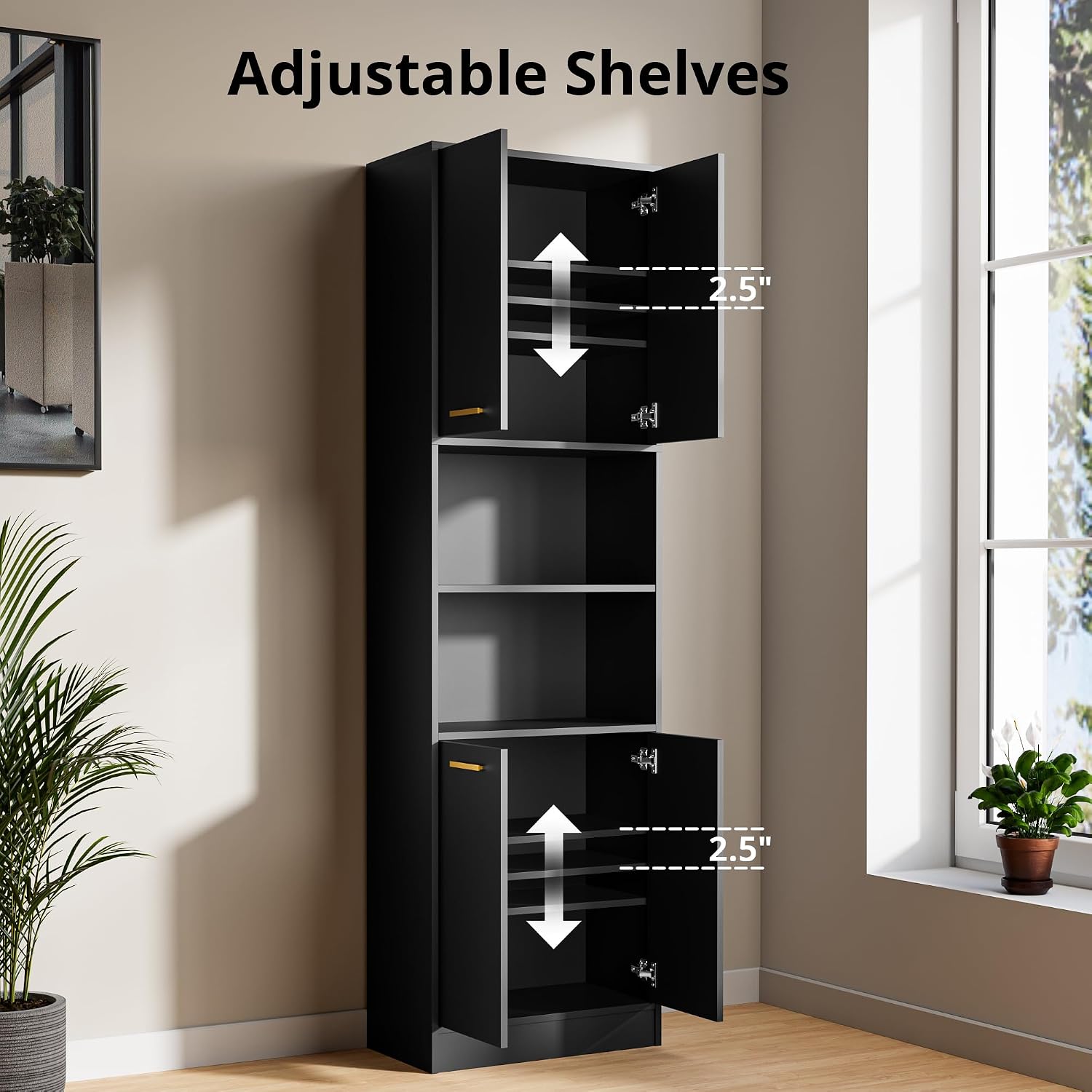 Cozy Castle Kitchen Pantry Cabinet, 75" Tall Wood Storage Cabinet with Doors and Shelves, 4 Doors Open Countertop Utility Hutch Cupboard for Dining Room Living Room Bathroom Furniture, Black