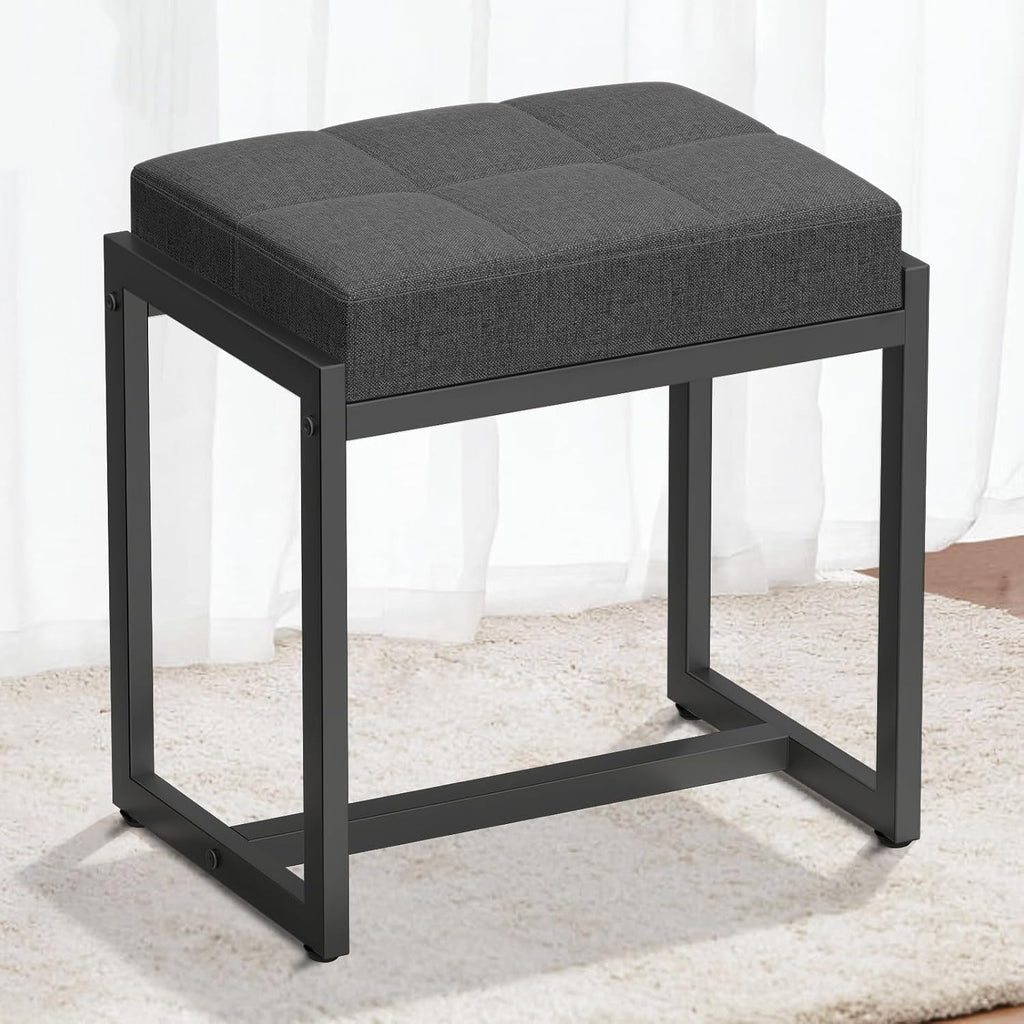 Vanity Stool, Vanity Chair Stools for Makeup Room, Square Linen Makeup Stool for Vanity, Modern Padded Vanity Bench Small Ottoman Foot Rest Stool for Bedroom Living Room, Dark Grey & Black