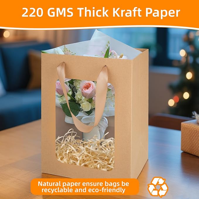 MOXARYSU 6 Pcs Brown Gift Bags with Clear Window: 9.8x5.1x7.1 Inch Medium Kraft Paper Bags with Handle For Party Business Birthday Wedding