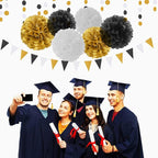 Black Gold Graduation Party Decorations - 23pcs Kits Farewell Tissue Pom Poms Flowers,Streamers Banner,Tassel Garland 50th Men Birthday Bachelorette Baby Shower Decoration Bunting Lasting Surprise