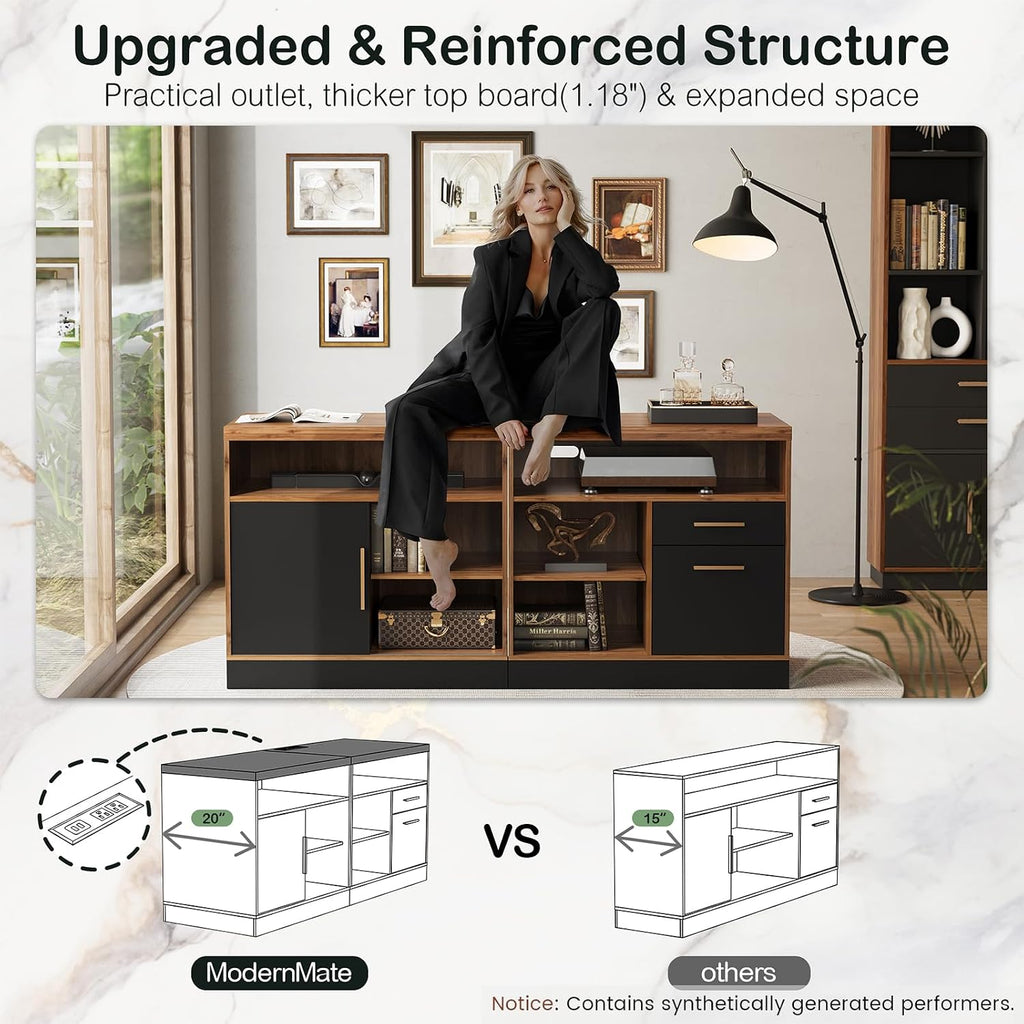 ModernMate 63" Lateral File Cabinet with Lock,2-Drawer Home Office Storage | File Cabinets for A4 / Letter Documents, Wide Credenza w/ Built-in Power Outlet, Fashion TV Stand Organizer, Black Walnut