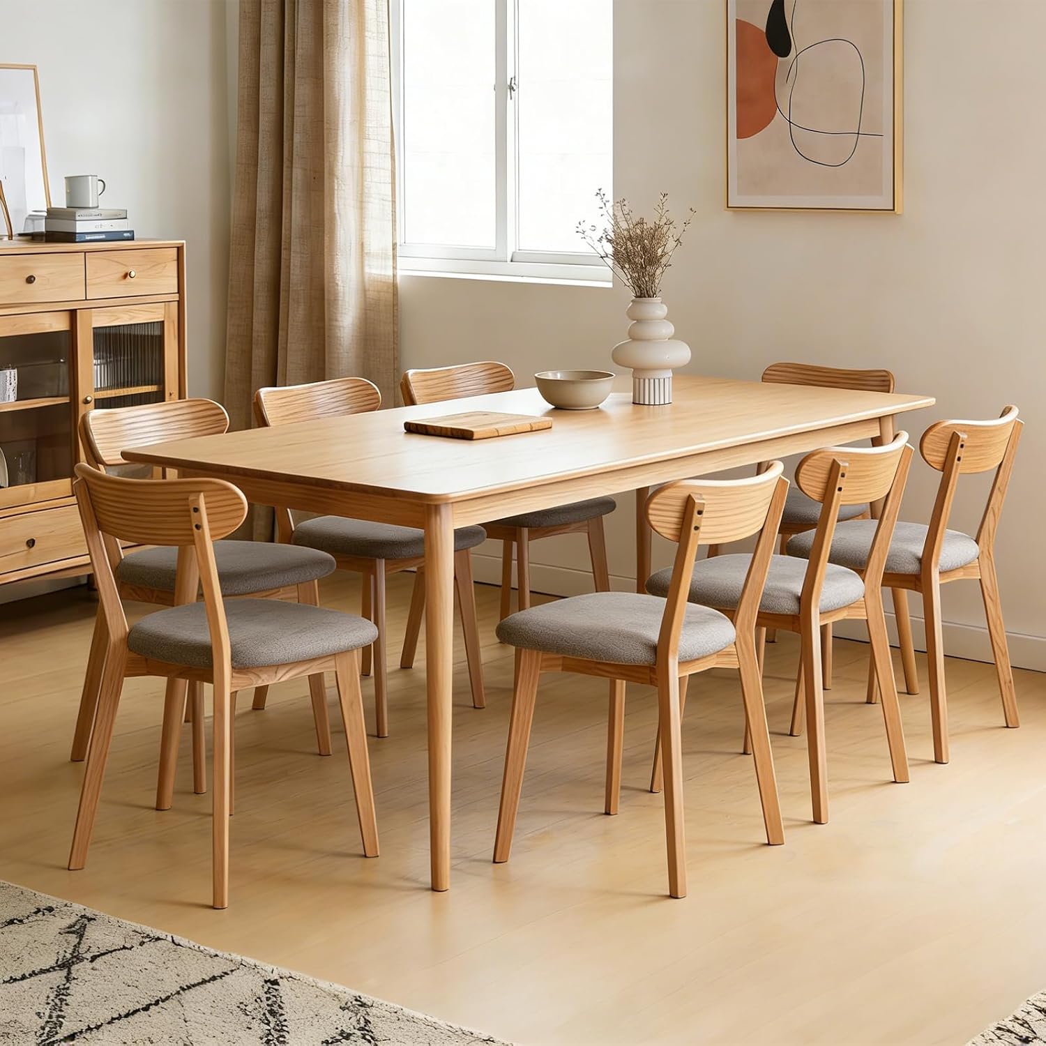 Solid Oak Curved Back Dining Chairs Set of 8, Armless, Upholstered Seat, Mid-Century Modern, 400 lbs Capacity for Dining Room, Kitchen & Restaurant