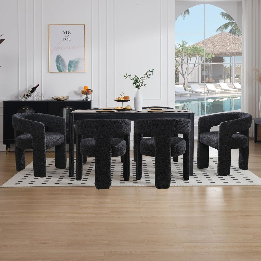 Black Sherpa Dining Chairs Set of 2, Modern Barrel Dining Room Chairs Upholstered Faux Fur Accent Chair with Arms and Round Back for Living Room Kitchen Armchair No Assembly Needed