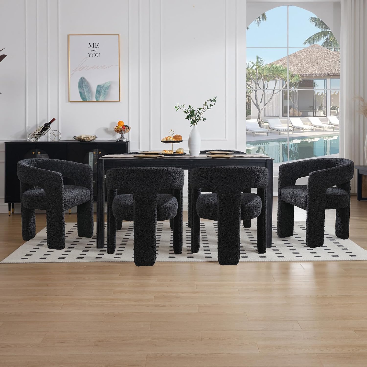 Black Sherpa Dining Chairs Set of 2, Modern Barrel Dining Room Chairs Upholstered Faux Fur Accent Chair with Arms and Round Back for Living Room Kitchen Armchair No Assembly Needed