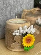 24 Pack Sunflower Wood Tealight Handmade Candle Holders - Wedding, Baby Shower, Baptism Favors & Centerpieces, Cylinder Candles Decorations