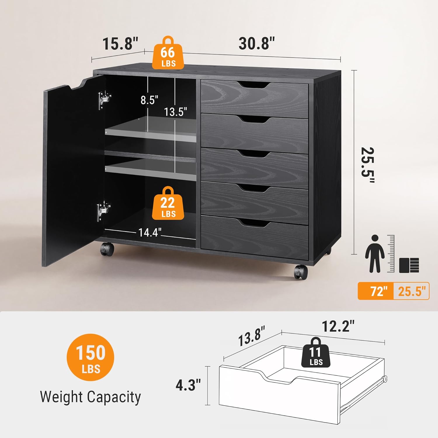 DEVAISE 5-Drawer Wood Drawer Cabinet, Office Storage Cabinet, Black | Craft Storage Cabinet, Under Desk Drawer, Rolling Cart Furniture, Adjustable Shelf & Wheels, Printer Stand, Home Office