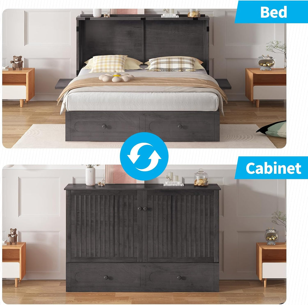Mjkone Queen Murphy Bed Cabinet with Tri-fold Mattress, Cabinet Bed with Built-in Charging Station, Storage Drawer, Solid Wood Cabinets Bed, Cube Murphy Chest Beds for Guest Room, Home, Office, Grey