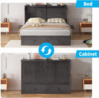 Mjkone Queen Murphy Bed Cabinet with Tri-fold Mattress, Cabinet Bed with Built-in Charging Station, Storage Drawer, Solid Wood Cabinets Bed, Cube Murphy Chest Beds for Guest Room, Home, Office, Grey
