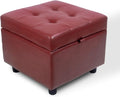 H&B Luxuries Tufted Leather Square Flip Top Storage Ottoman Cube Foot Rest (Red with Storage)