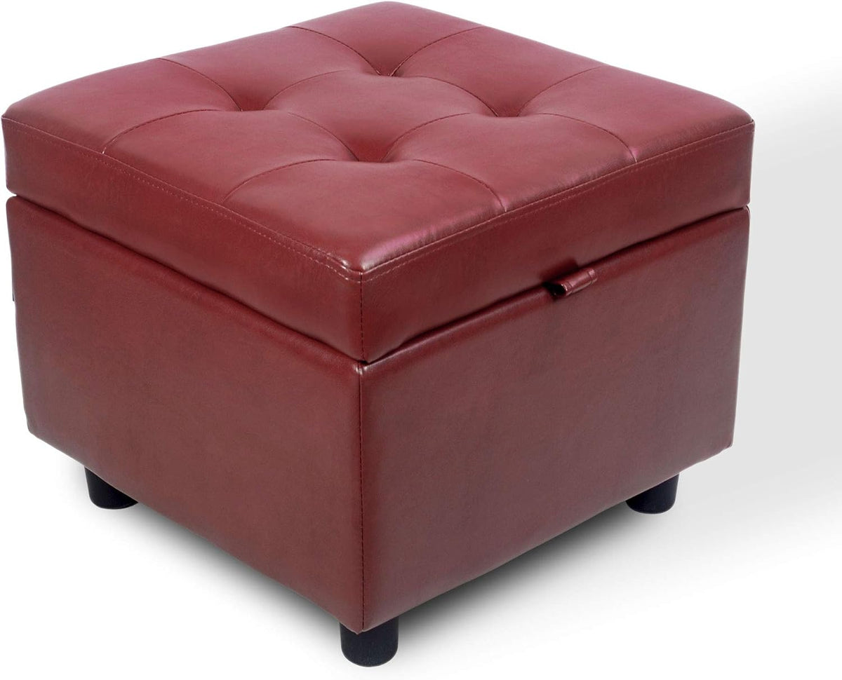 H&B Luxuries Tufted Leather Square Flip Top Storage Ottoman Cube Foot Rest (Red with Storage)