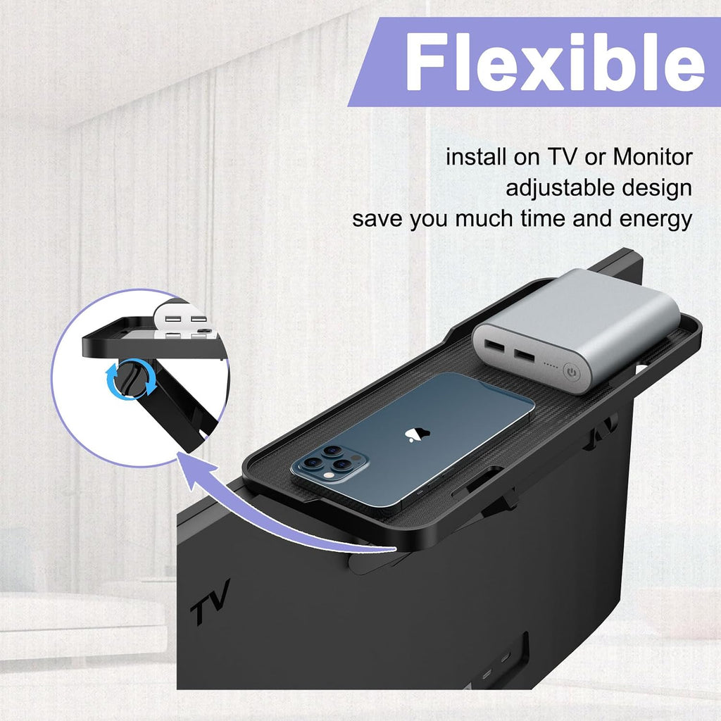 TETVIK TV Top Shelf Screen Adjustable Monitor Top Shelf Storage Bracket Tray Mount Computer Bracket for Cellphone Stand, Media Boxes, Game Console, Router, Speakers Black 2 Pieces