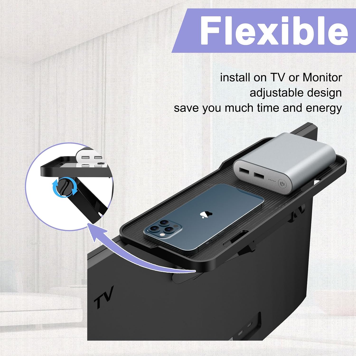 TETVIK TV Top Shelf Screen Adjustable Monitor Top Shelf Storage Bracket Tray Mount Computer Bracket for Cellphone Stand, Media Boxes, Game Console, Router, Speakers Black 2 Pieces
