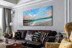 Arjun Ocean Teal Wall Art Canvas Coastal Beach Painting Blue Turquoise Landscape Sunset Picture, Panoramic Gold Foil Textured Large Artwork Framed for Living Room Bedroom Bathroom Wall Decor 48"x24"