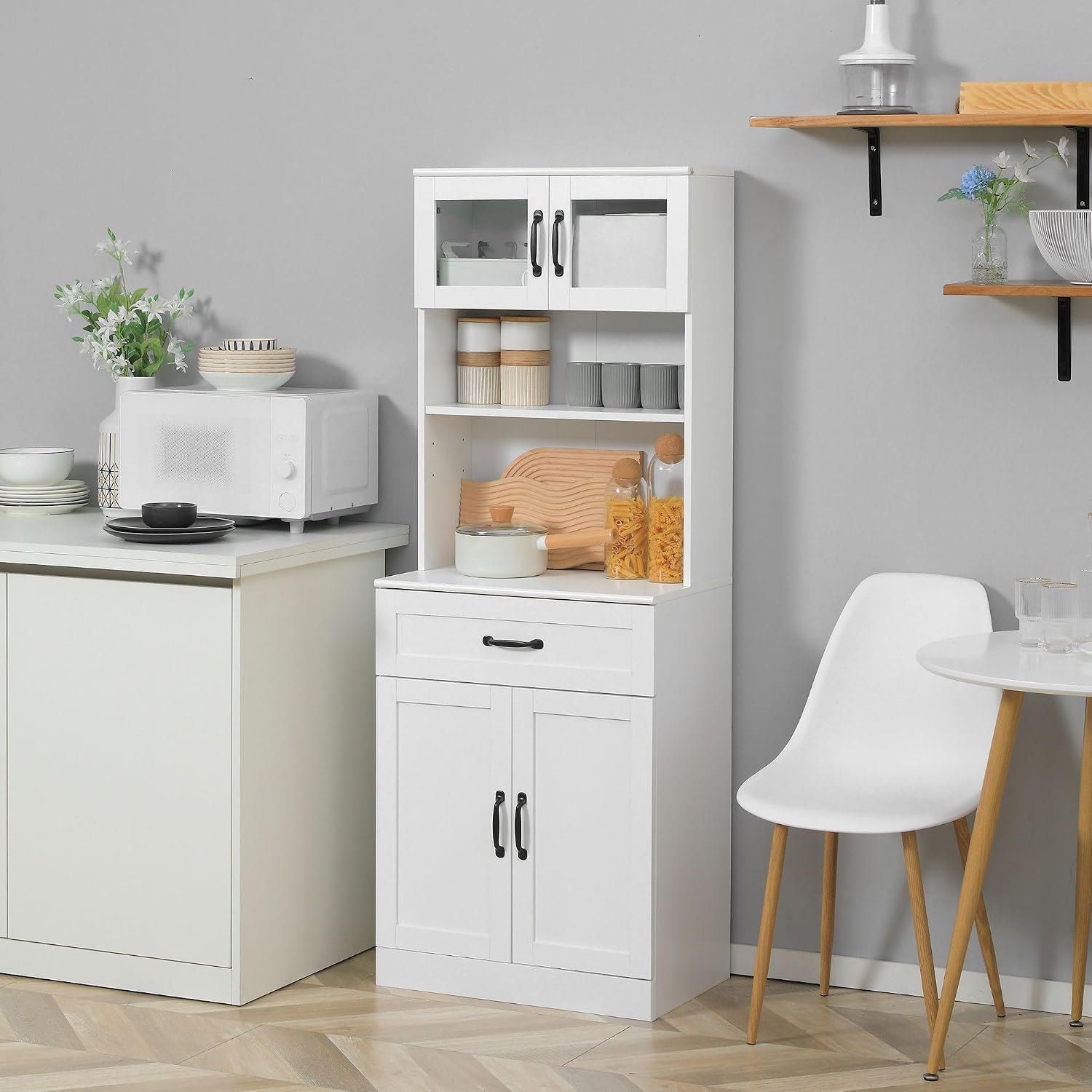 63.5in Premium Deluxe 4-Door White Freestanding Kitchen Buffet Cabinet with Hutch Adjustable Shelves Coffee Bar Modern Design