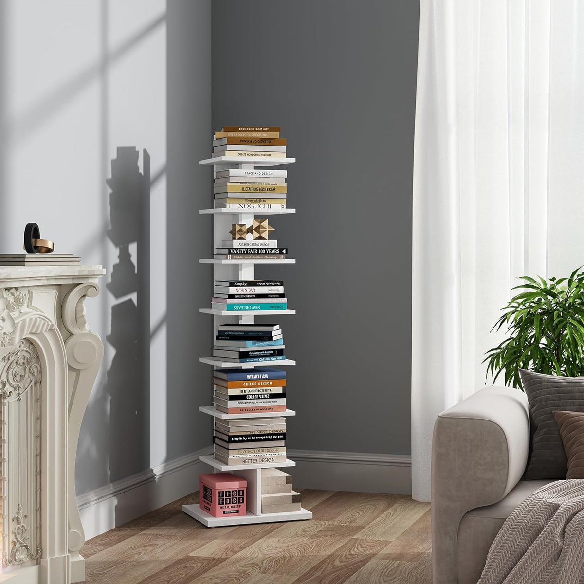 TUTOTAK Narrow Bookshelf, 8-Tier Bookcase, Spine Book Shelf for Small Space, Corner Standing Shelf for Living Room, Office, Study, Entryway, White BS06BW008