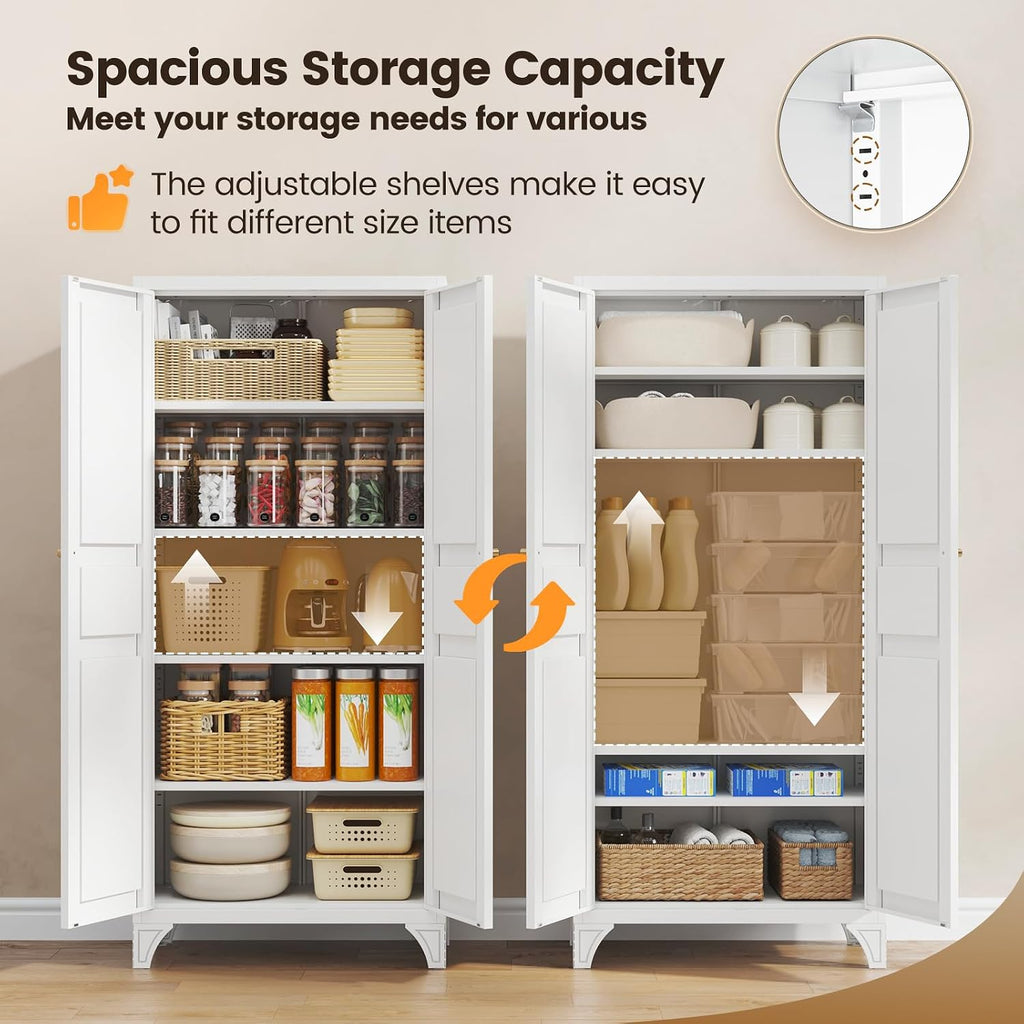 Yizosh Metal Storage Cabinet with 2 Doors and Adjustable Shelves - 61" White Kitchen Pantry Storage Tall Steel Cabinets Locker for Kitchen, Living Room, Dining Room
