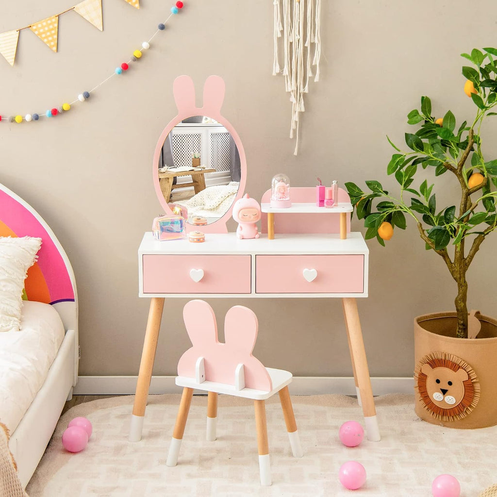INFANS Kids Vanity Set, 2 in 1 Wooden Princess Makeup Table and Chair with Mirror Storage Drawers Shelf, for Little Girls, Rabbit Themed Toddler Dressing Desk Beauty Play Set Gift