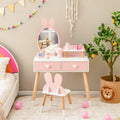 INFANS Kids Vanity Set, 2 in 1 Wooden Princess Makeup Table and Chair with Mirror Storage Drawers Shelf, for Little Girls, Rabbit Themed Toddler Dressing Desk Beauty Play Set Gift