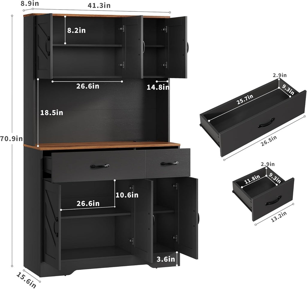 IDEALHOUSE 71" Kitchen Pantry Storage Cabinet with Charging Station, Farmhouse Kitchen Hutch Cabinet with 2 Storage Drawers, Large Food Pantry with Microwave Stand for Dining Room,Living Room,Black