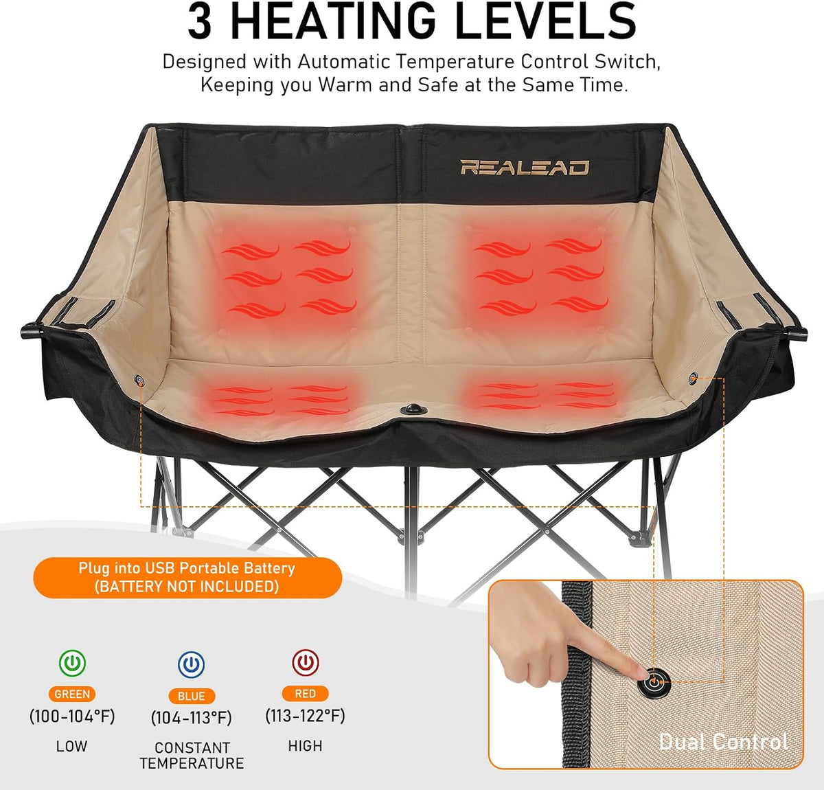 REALEAD Heated Double Camping Chair - Heated Loveseat Camping Chairs for Adults with 3 Heat Levels and 4 Heating Zones - Oversized Heated Chairs Outdoor Sports Supports 650 lbs Battery NOT Included