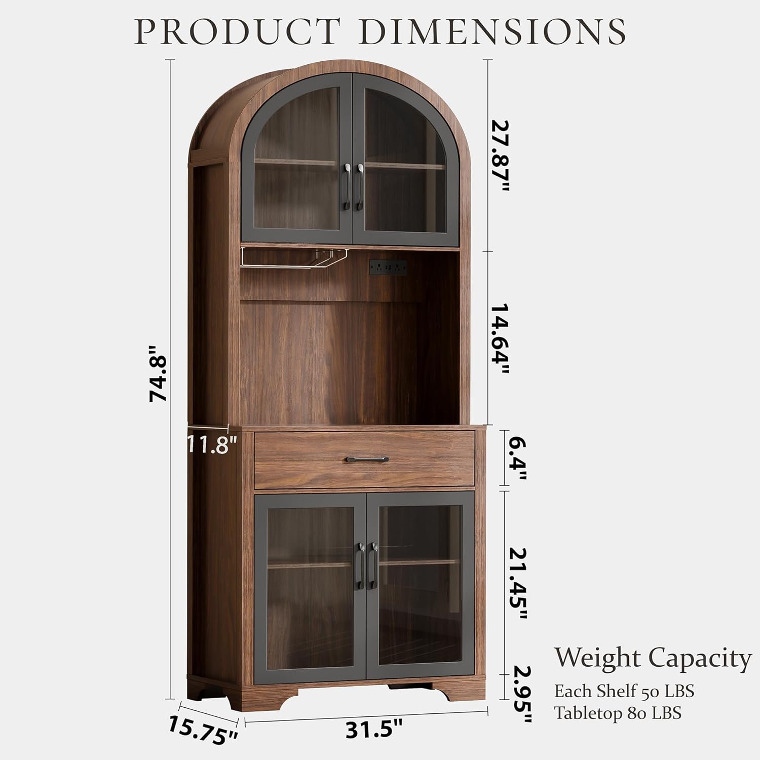 75" Tall Arched Pantry Cabinet with Charging Station & LED Light, Kitchen Pantry Cabinet with Microwave Stand, Drawers and Adjustable Shelf, Coffee Bar Liquor Cabinet for Dining Room