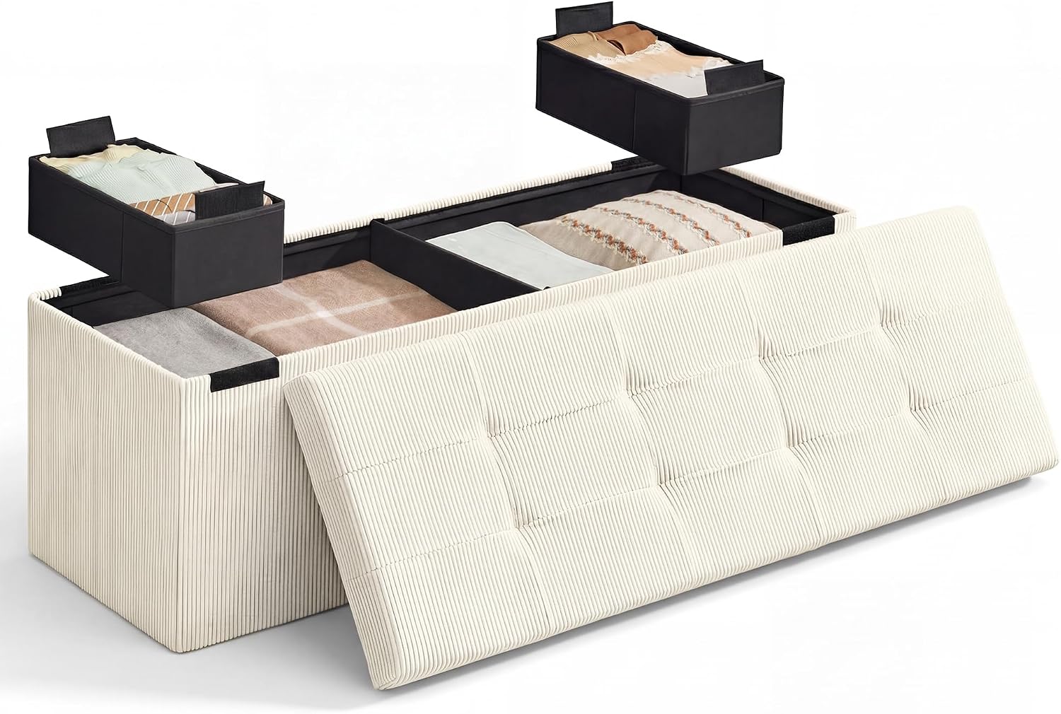 SONGMICS Home Ottoman with Storage, Removable Lid, Folding Storage Chest, Easy Assembly, for Entryway, Bedroom, Living Room, 15.2 x 43.2 x 15.2 Inches, Corduroy, Light White