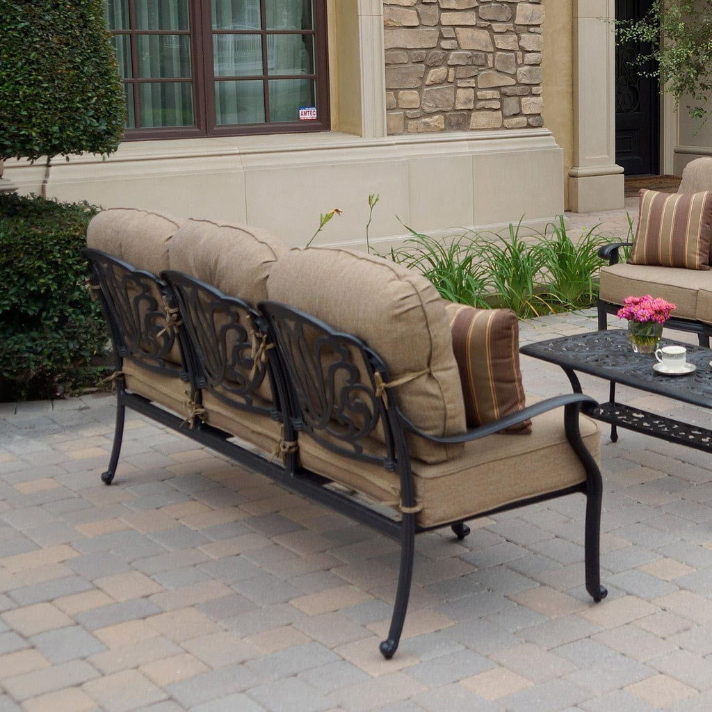 Darlee 4-Piece Cast Aluminum Outdoor Seating Set with 42x21 Inch Rectangular Table, Swivel Rockers, and Throw Pillows in Antique Bronze/Sesame