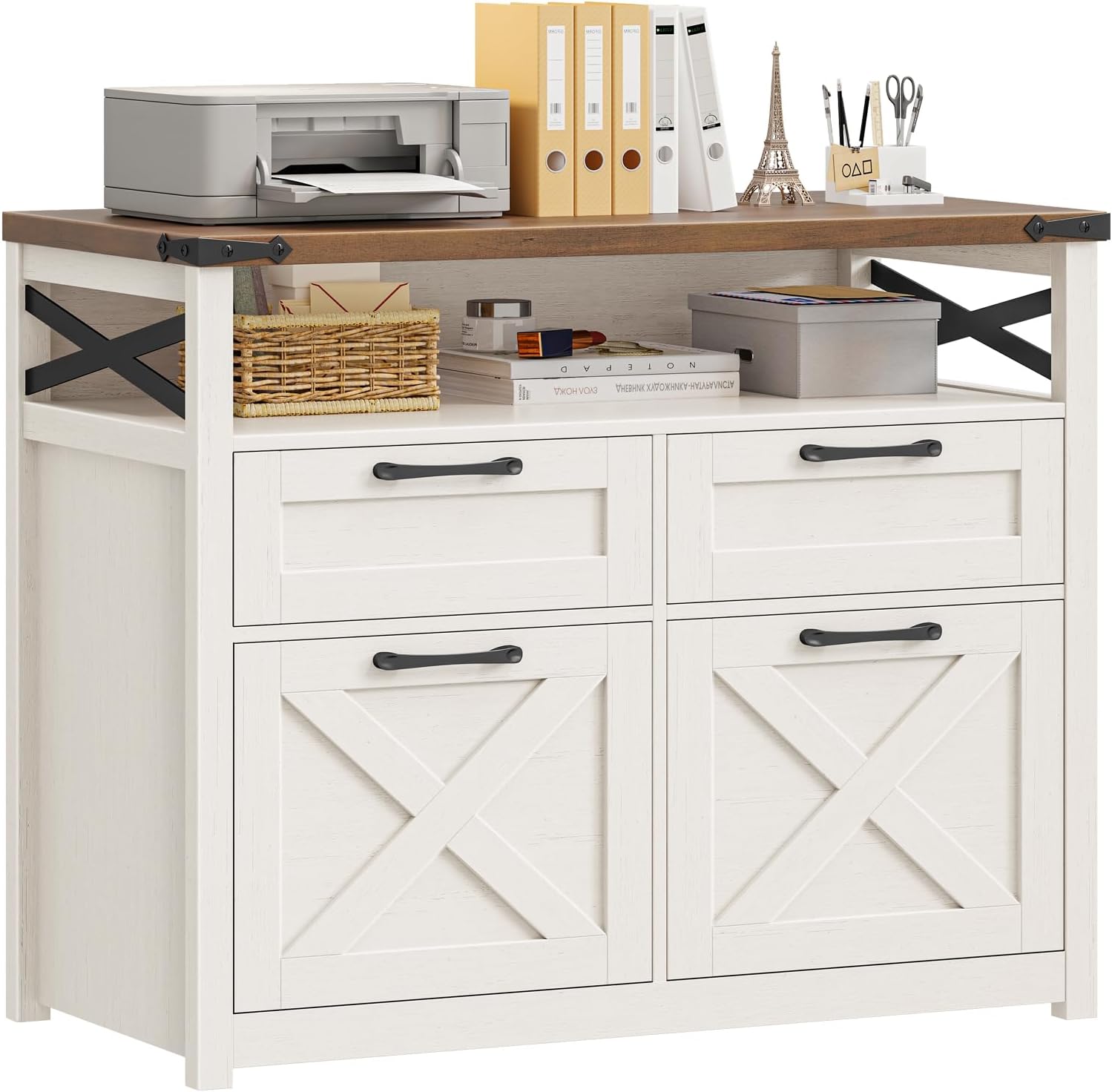 Farmhouse 4 Drawer File Cabinet with Open Storage Shelf, Lateral Filing Cabinet Fits Letter/A4/ Size, Home Office Filing Organizer, Document Storage Printer Stand for Office and Home. Uunique White