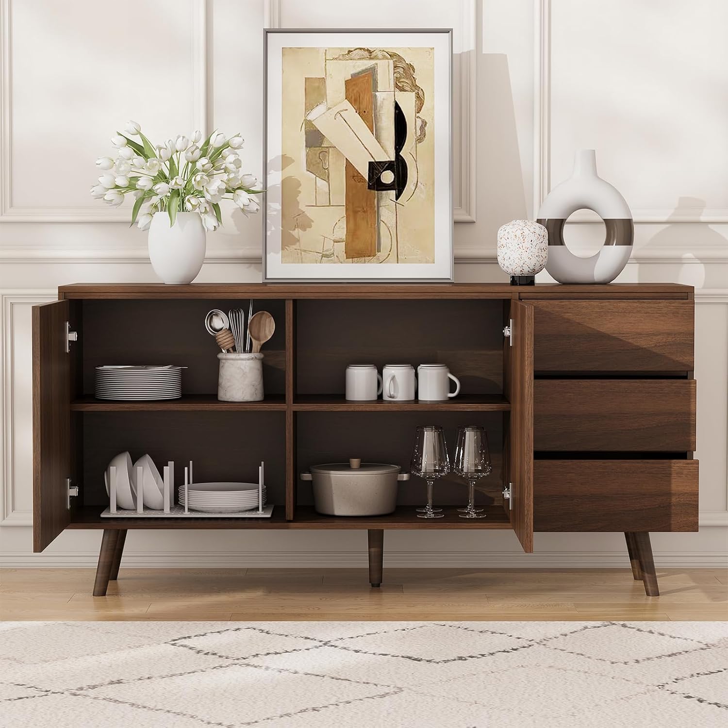 60" Buffet Cabinet with Storage, Sideboard Buffet Cabinet with 3 Drawers and 2 Doors, Mid Century Modern Coffee Bar Cabinet/TV Stand with Adjustable Shelves, Dark Brown