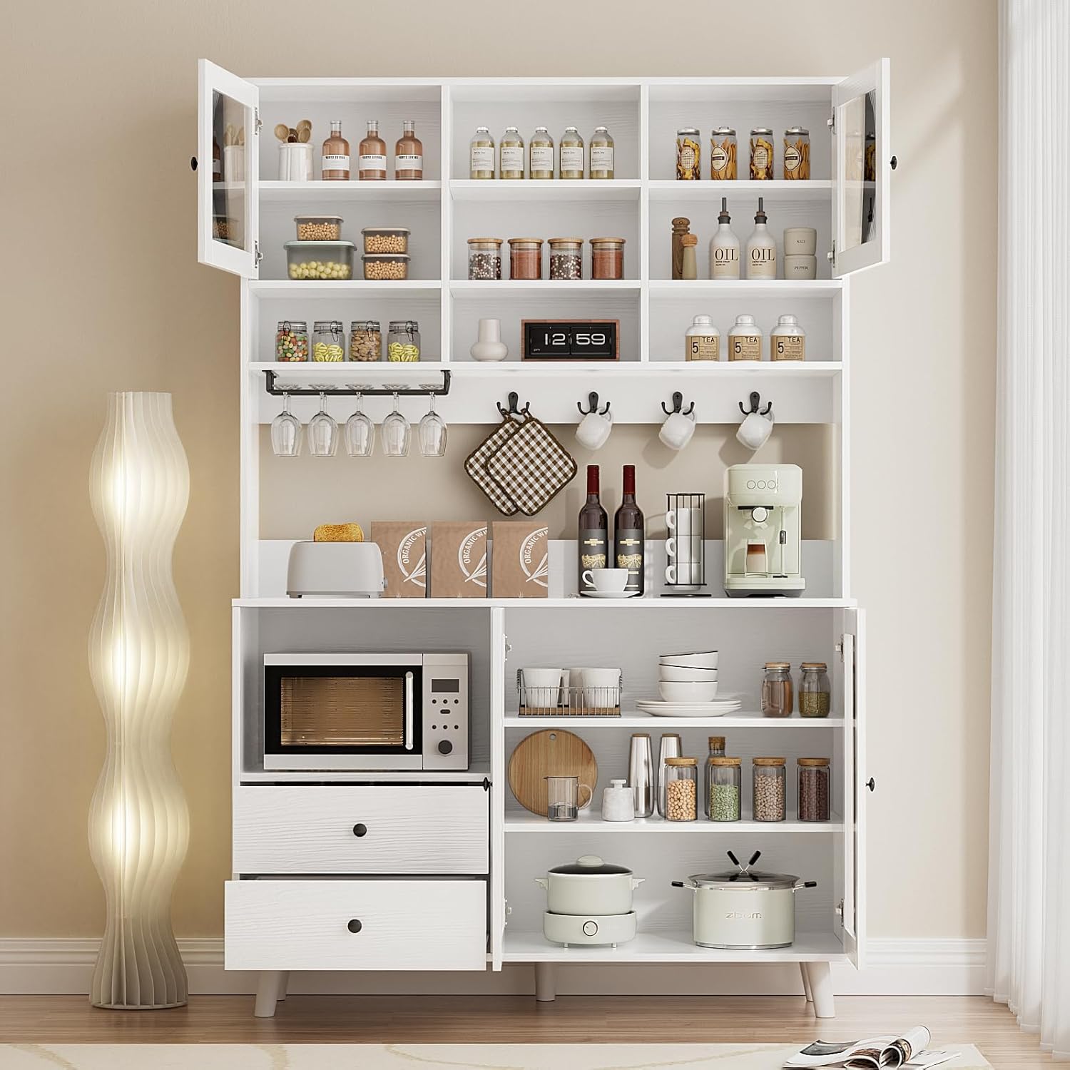 VOWNER Kitchen Hutch Storage Cabinet Microwave Shelf, Freestanding Pantry with 4 Glass Doors and 2 Drawers, Modern Sideboard Buffet Cabinet for Kitchen, Dining Room, Living Room, White