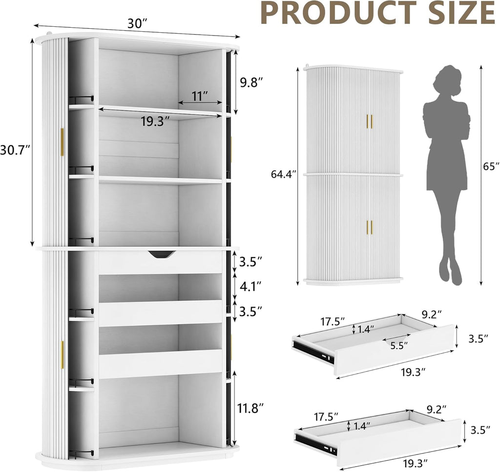 iPormis Kitchen Pantry with Sliding Doors, Tall Modern Curved Pantry Storage Cabinets with Drawer & Pull Out Shelves, 64-Inch Freestanding Wood Cupboard for Kitchen Dining Room Living Room, White