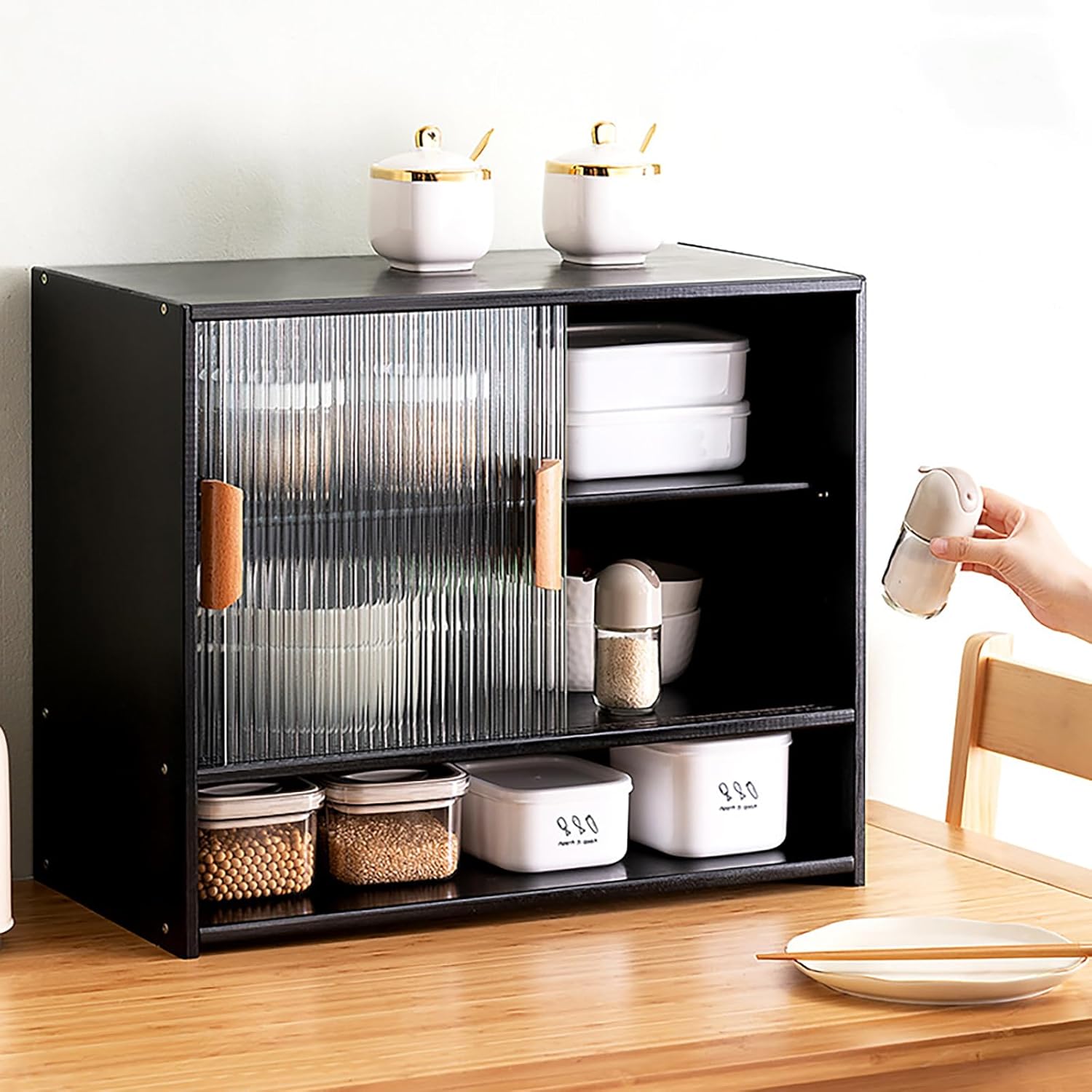 3 Tier Kitchen Pantry Storage Cabinet with with 2 Sliding Striped Glass Doors Console Dining Cupboard Modern Freestanding Bamboo Sideboard for Dining Room Kitchen Black (21.6x11x18.1inch)
