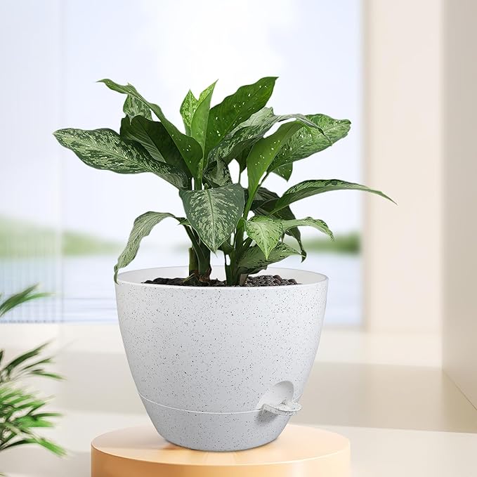 12 inch Large Self Watering Pots for Indoor Outdoor Plants, Plant Pots with Mesh Drainage Holes for Garden House Plants, Plastic Planters with Reservoir for Flower, Speckled White