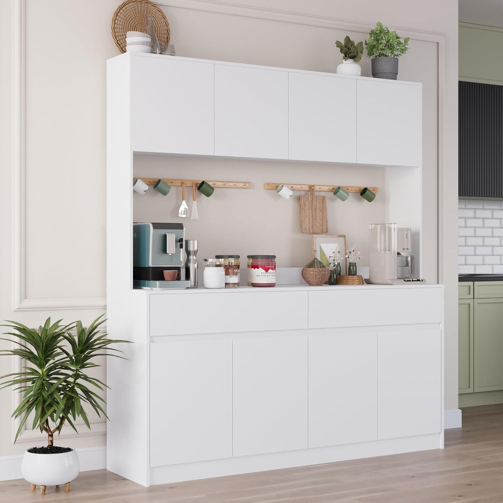 70.87" H Large Kitchen Pantry Storage Cabinet with Microwave Oven Countertop, Freestanding Pantry Cabinet with Drawers for Kitchen, Living Room (White)