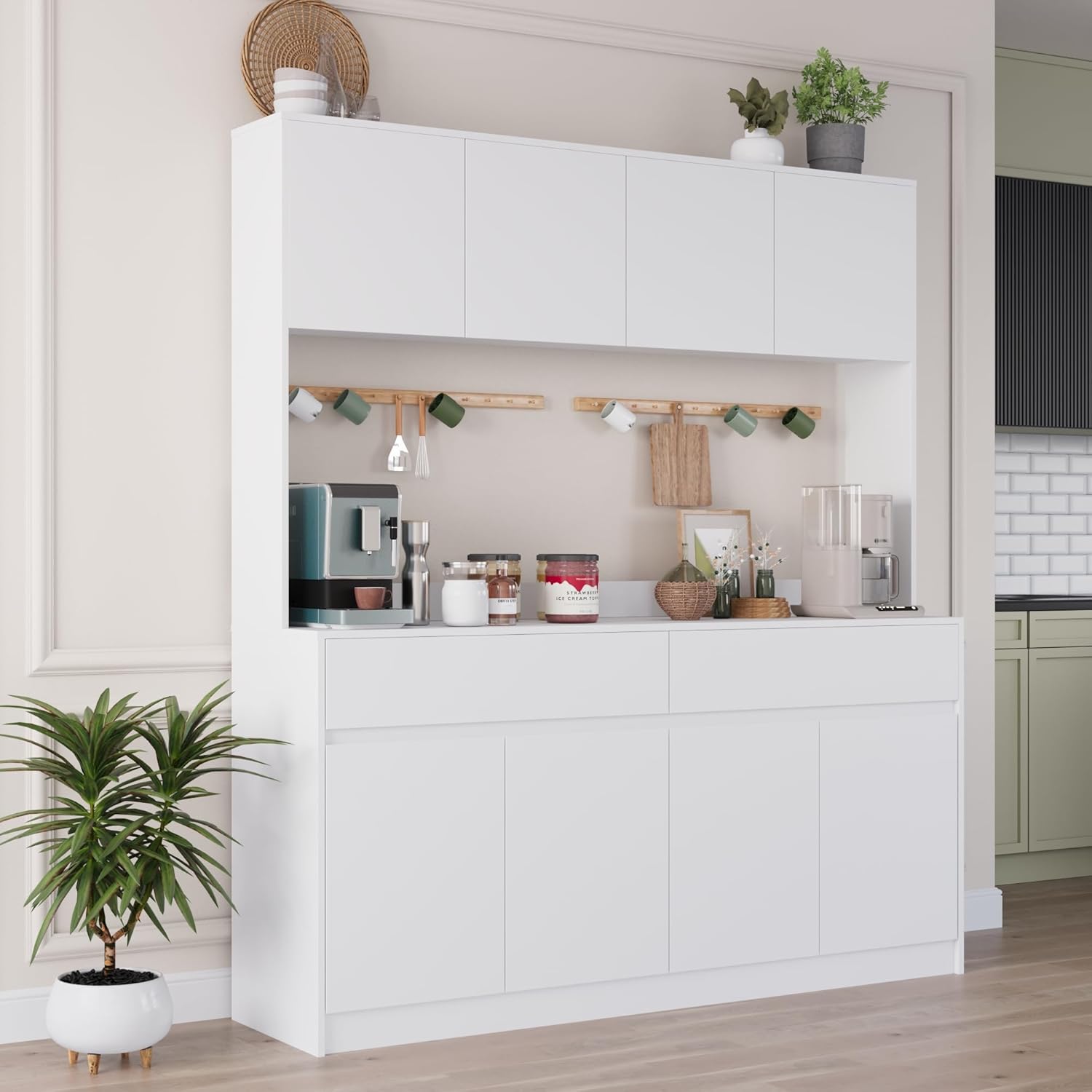70.87" H Large Kitchen Pantry Storage Cabinet with Microwave Oven Countertop, Freestanding Pantry Cabinet with Drawers for Kitchen, Living Room (White)