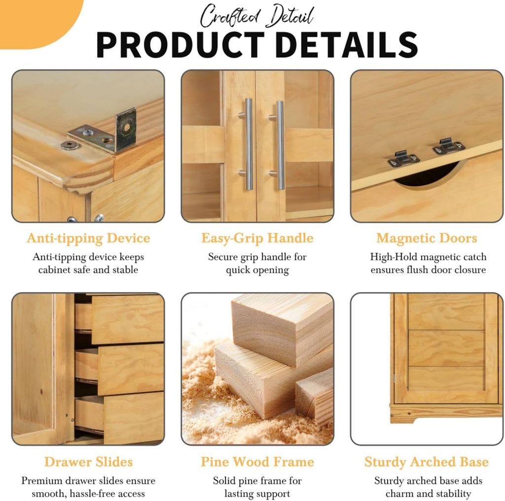 Freestanding pantry organizer armoire solid pine wood, glass double doors, four sliding drawers, adjustable shelf, kitchen hutch for dining area, office, living room display cupboard (Natural)