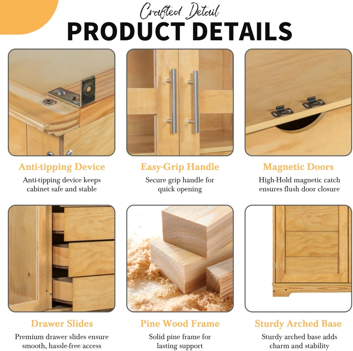 Freestanding pantry organizer armoire solid pine wood, glass double doors, four sliding drawers, adjustable shelf, kitchen hutch for dining area, office, living room display cupboard (Natural)