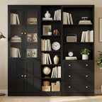 Cyclysio 80" Tall Kitchen Pantry, Large Storage Cabinets with Glass Doors, Modular Wood Pantry Cabinet with 3 Drawers & Adjustable Shelves for Living Room & Dining Room, Set of 3 (Black)