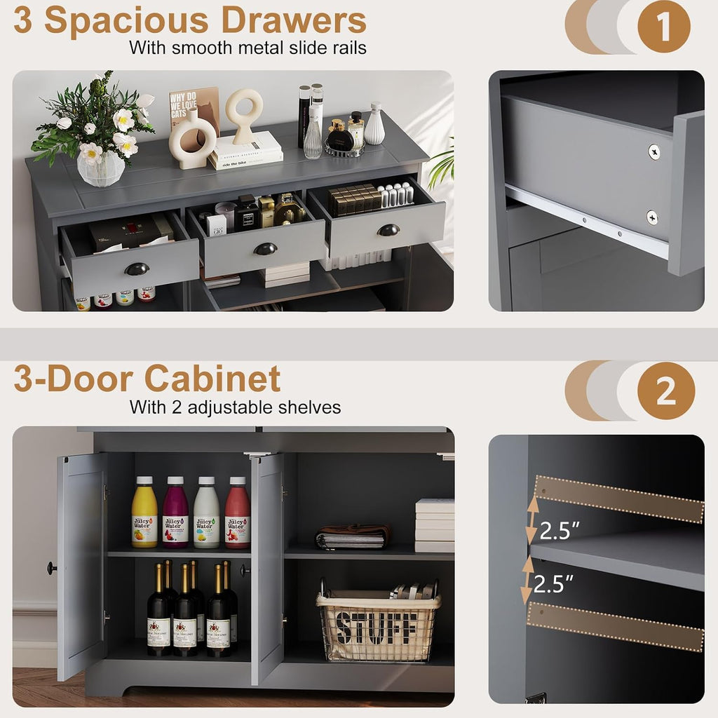 Sideboard Buffet Cabinet with Storage, 53.5” Large Kitchen Cupboard with 3 Drawers, Adjustable Shelf, Credenzas for Living Room, Wooden Coffee Bar Console Table for Dining Room (Grey)