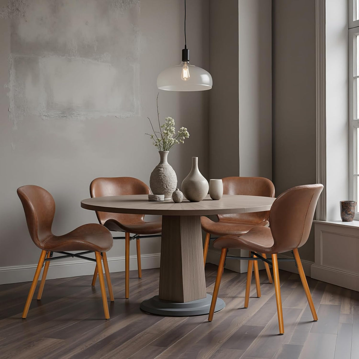 Modern Dining Chair Set of 4, Dining Room Chairs with Thick Cushions | Faux Leather Upholstered Kitchen Armless Side Chairs, Wooden Leg for Home, Kitchen, Brown