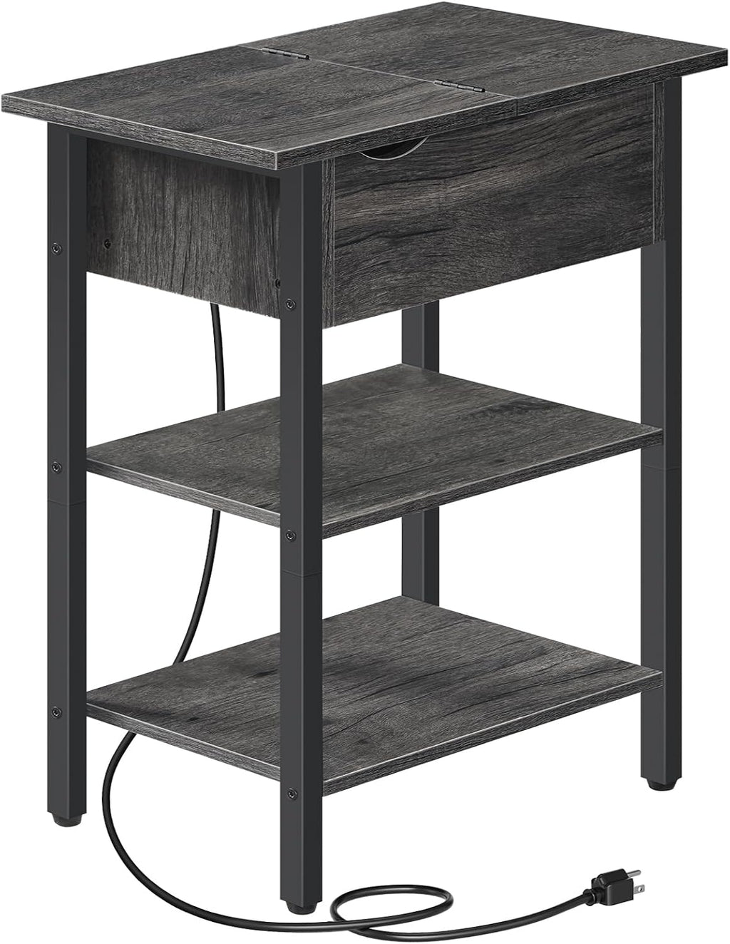 HOOBRO End Table with Charging Station, Narrow Side Table, Flip Top Nightstand with USB Ports and Outlets, Bedside Tables with Shelf for Small Spaces, Living Room, Charcoal Black BC341BZ01
